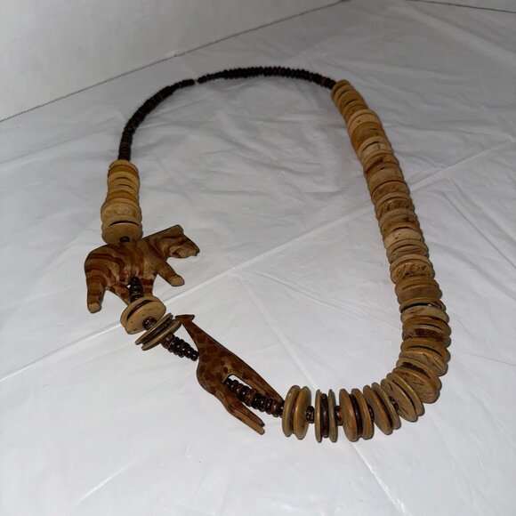 Wooden Animal Bead Necklace With Hand-Carved Giraffe & Elephant Coconut Beads - Picture 2 of 5